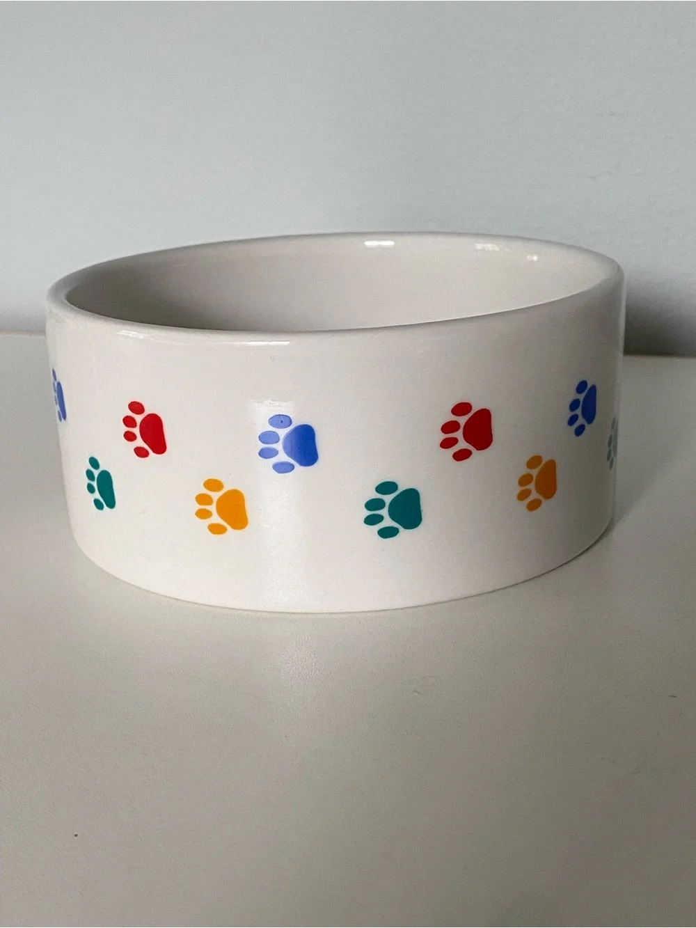 Spot Brand Dog Bowl White With Colorful Paw Prints Ceramic Pet 5” Cat Dish EUC